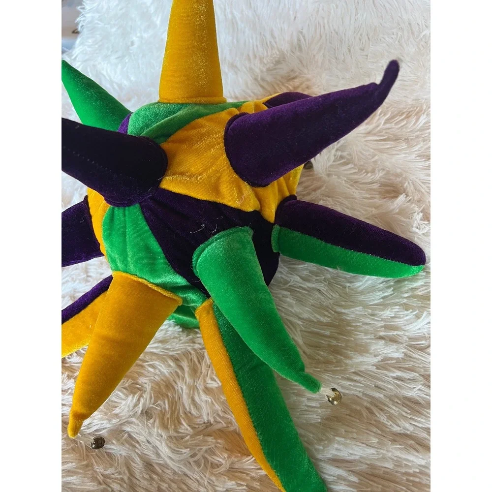Mardi Gras Jester Hat OS Purple Green Gold Velvet Plush Bells Costume Joker READ